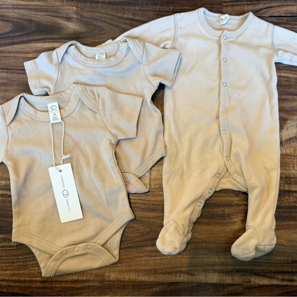 Organic Cotton Neutral Beige Baby Bodysuit & Footed Romper Set